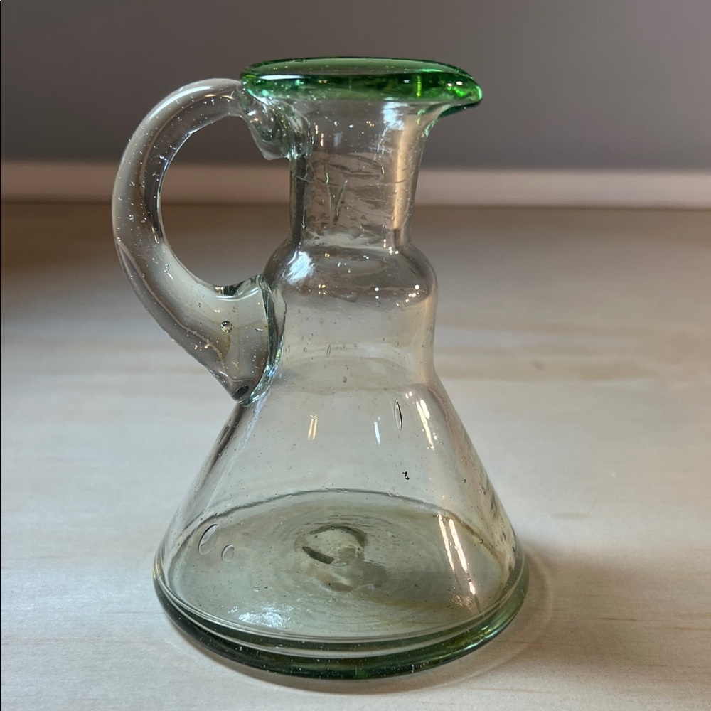 Clear Glass Pitcher with Green Rim Hand Blown 4.5 inches